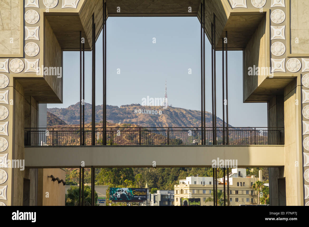 Vista su Hollywood Sign dalla walk of fame, Hollywood Foto Stock