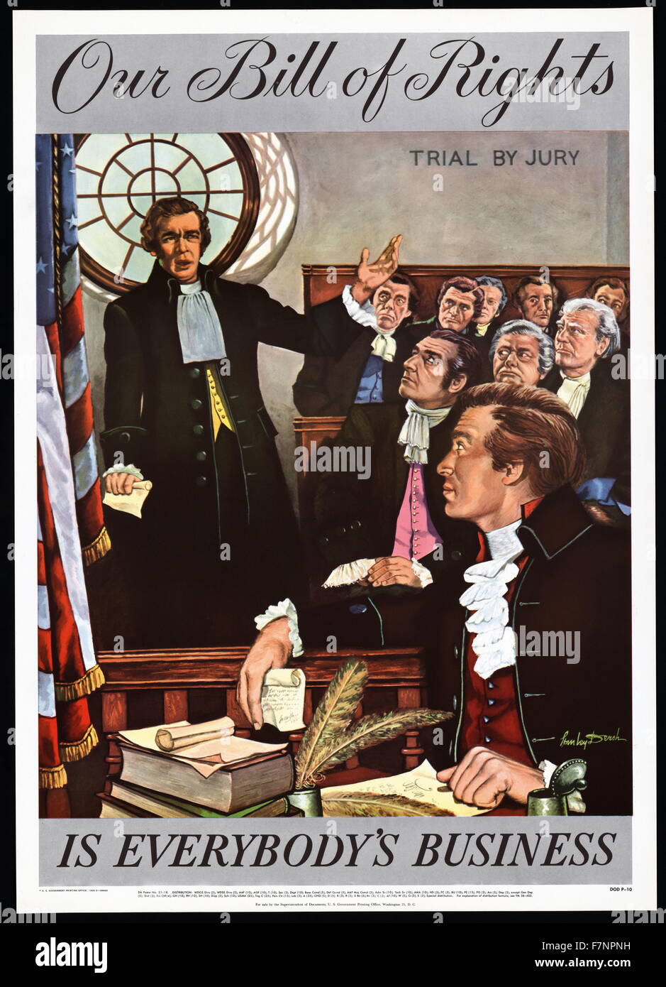 La nostra Carta dei diritti è interesse di tutti. Stampa mostra un inizio di American courtroom scena di prova marcato dalla giuria con un uomo, eventualmente una giuria caposquadra, in piedi accanto alla casella della giuria, presentando una dichiarazione, un altro uomo si siede in primo piano, a una scrivania su cui sono libri, carta e penne del cappello, egli è appoggiato il suo braccio destro sulla ringhiera che lo separa dalla giuria e, come l'uomo parlando, egli detiene una carta nella sua mano destra. Foto Stock La nostra Carta dei diritti è interesse di tutti. Stampa mostra un inizio di American courtroom scena di prova marcato dalla giuria con un uomo, eventualmente una giuria caposquadra, in piedi accanto alla casella della giuria, presentando una dichiarazione, un altro uomo si siede in primo piano, a una scrivania su cui sono libri, carta e penne del cappello, egli è appoggiato il suo braccio destro sulla ringhiera che lo separa dalla giuria e, come l'uomo parlando, egli detiene una carta nella sua mano destra. Foto Stock