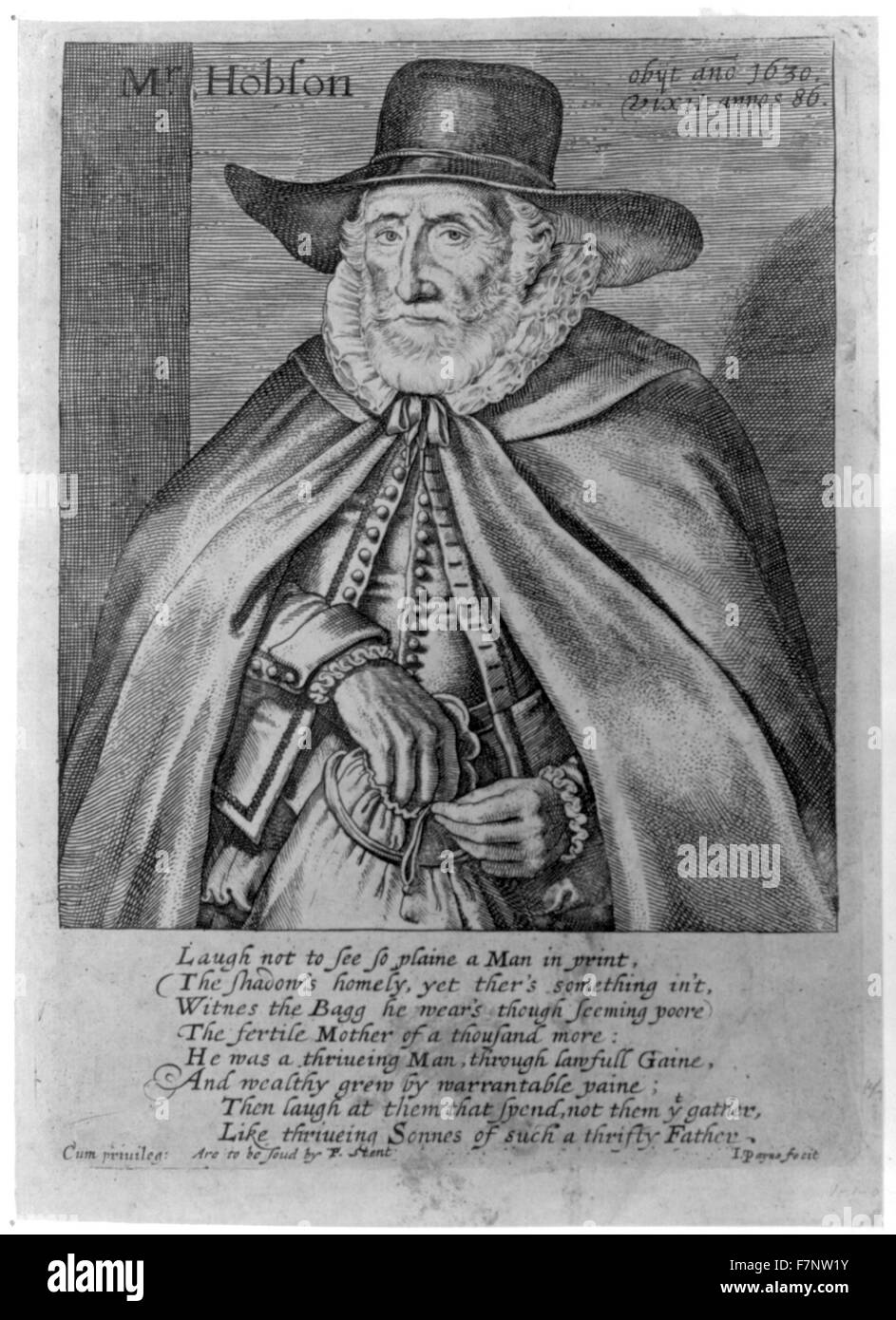 Stampa mostra di metà lunghezza Ritratto di Thomas Hobson, in piedi, rivolto verso la parte anteriore tenendo un sacco di denaro. Hobson era un ricco supporto per posta da Cambridge, Inghilterra, noto per stabilire la frase Hobson la scelta. Foto Stock