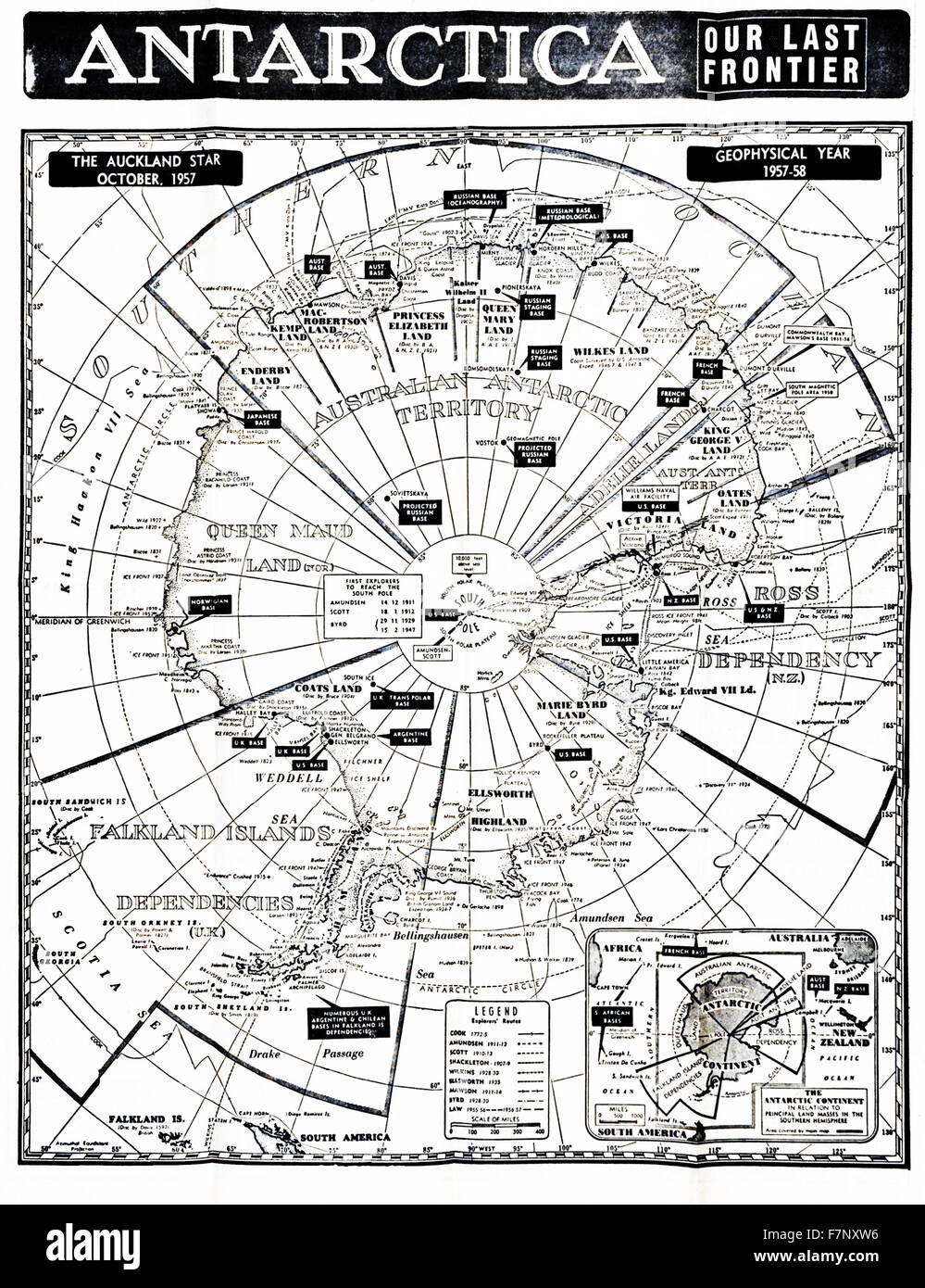 Mappa di Antartide che mostra le varie zone nazionali o delle basi per i paesi compresi il Regno Unito e la Francia; USA; la Russia. 1958 Foto Stock