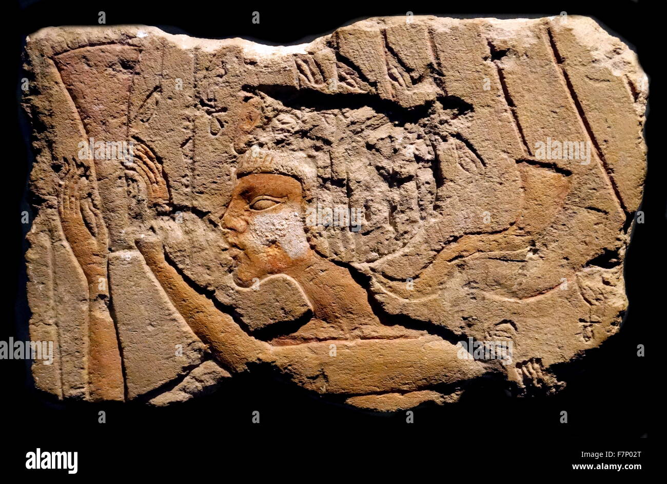 Rilievo egiziano raffigurante la XVIII Dinastia re Akhenaton ( circa 1353-1335 BC) rendendo omaggio floreale al sole (Aten) Foto Stock