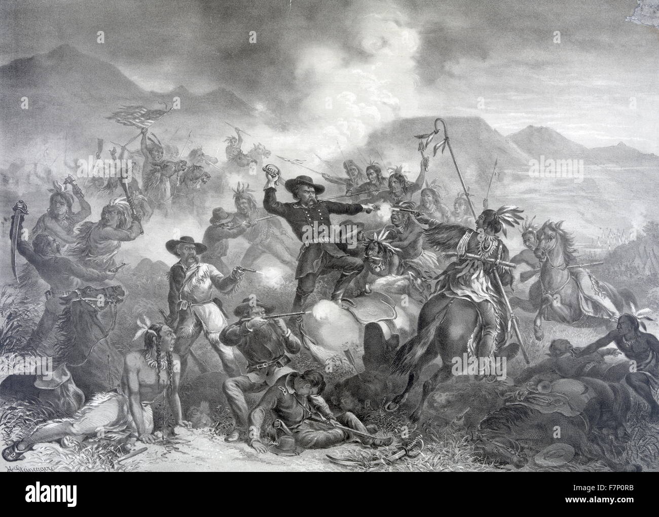 Generale Custer la morte lotta. La battaglia di Little Big Horn da Henry Steinegger, 1831-1917, artista Foto Stock
