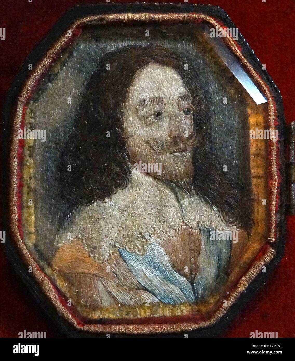 Ritratto di Re Carlo I d'Inghilterra, dopo Hollar. Seta ricamata; inglese, probabilmente Londra c.1660 Foto Stock