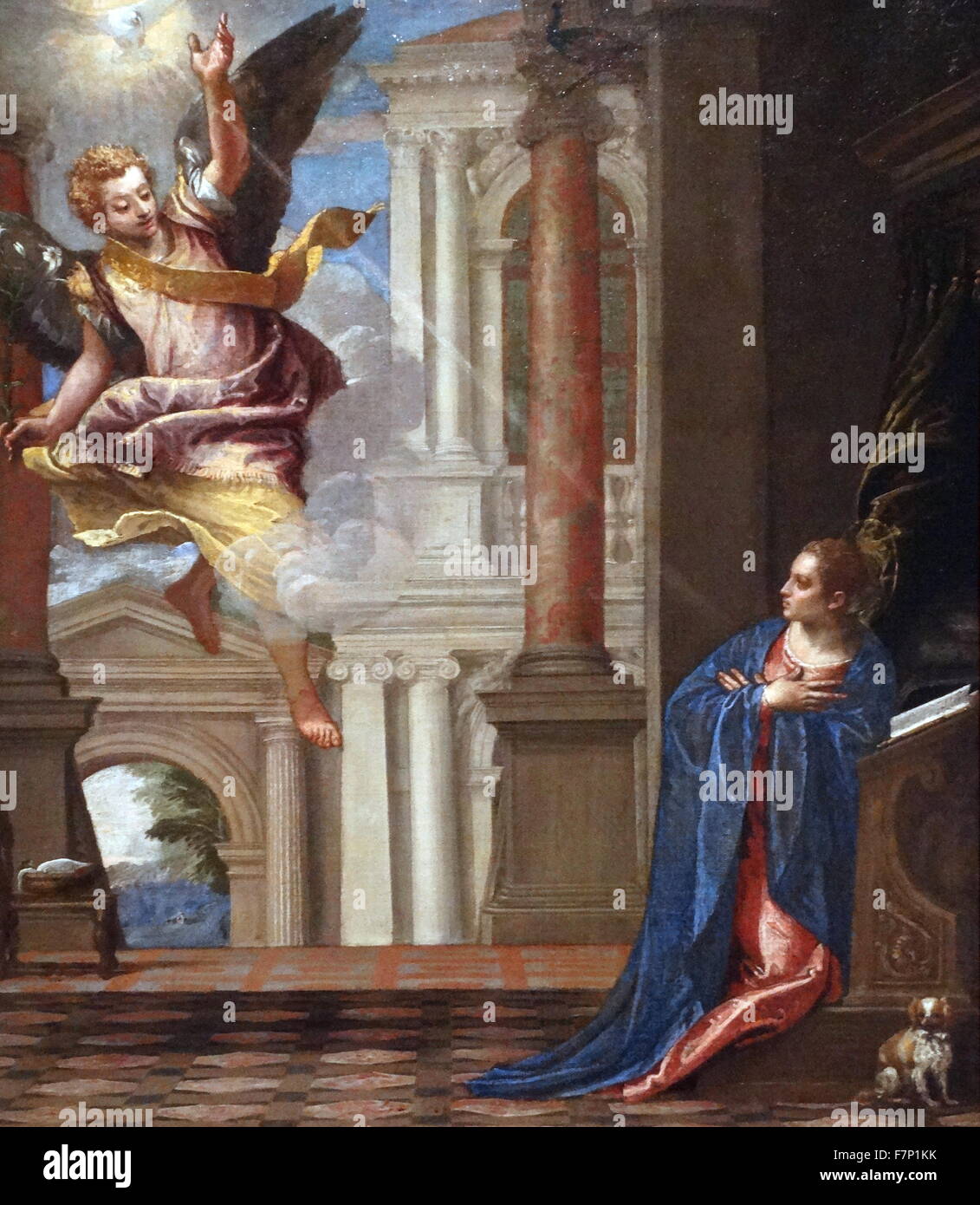 Pittura intitolato "L'Annunciazione" da Paolo Veronese (1528-1588) Italiano pittore rinascimentale, meglio conosciuta per i grandi dipinti di storia di entrambi i religiosi e soggetti mitologici, come le nozze di Cana e la festa in casa di Levi. Datata XVI Secolo Foto Stock
