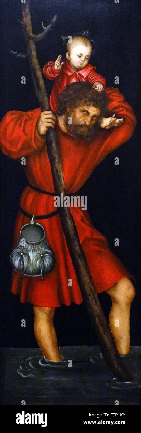 Pittura intitolato 'Saint Christopher' da Lucas Cranach il Vecchio (1472-1553) Tedesco pittore rinascimentale, printmaker, incisore e pittore di corte agli elettori di Sassonia. Datata XVI Secolo Foto Stock