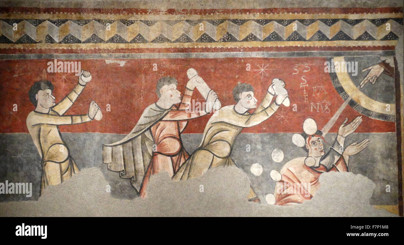 Affresco romanico raffigurante la lapidazione di Santo Stefano. Dalla chiesa di santa Giovanna de Boi. Datato xii secolo Foto Stock