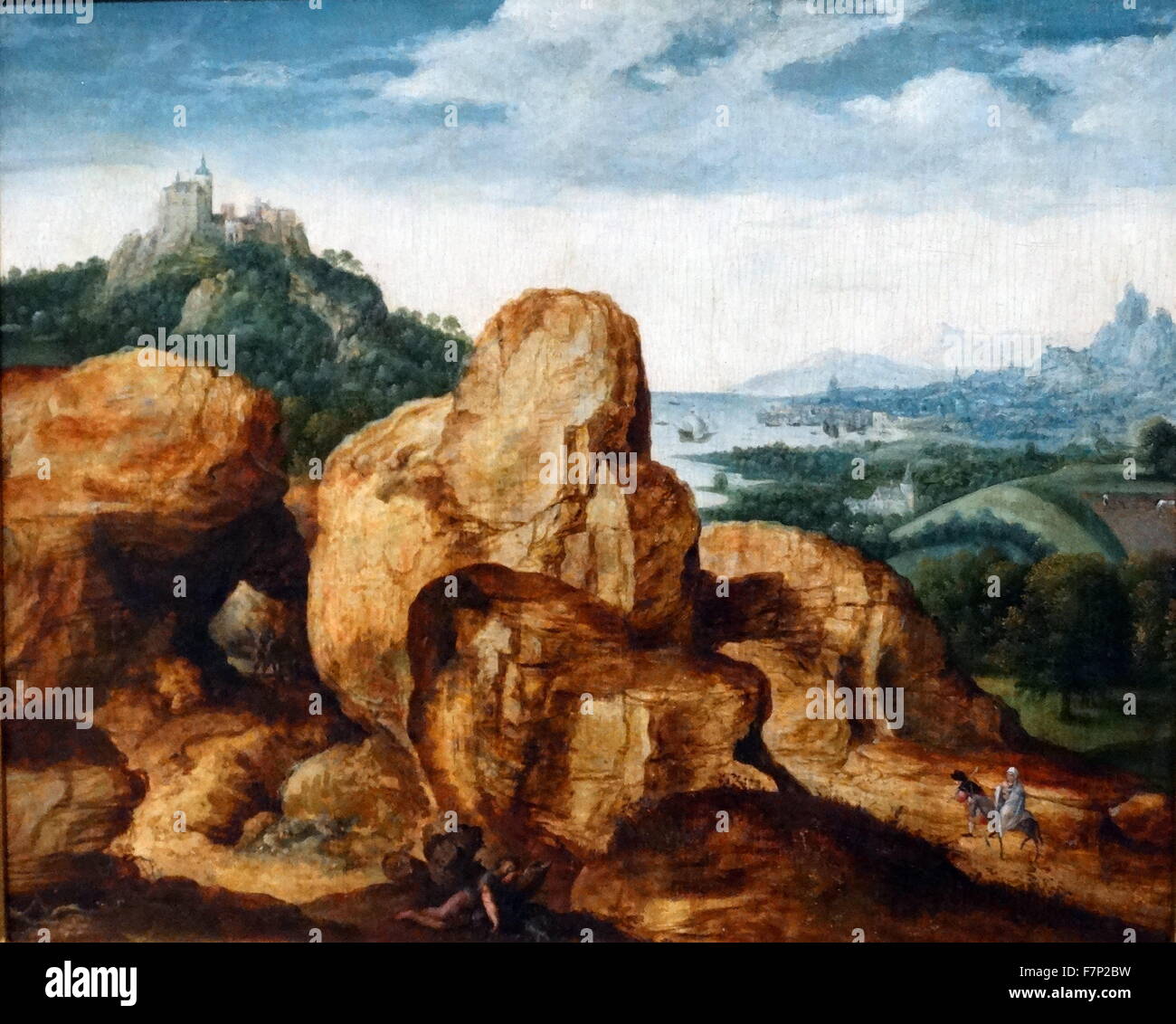 Dipinto raffigurante la fuga in Egitto da Cornelis Metsys (1510-1562) Rinascimento Fiammingo pittore, disegnatore e incisore. Datata XVI Secolo Foto Stock