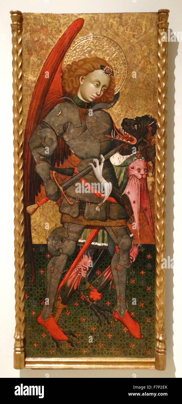 Pittura intitolata 'L'Arcangelo Michele' da Blasco de Grañén, pittore gotico del XV secolo. Datata xv secolo Foto Stock