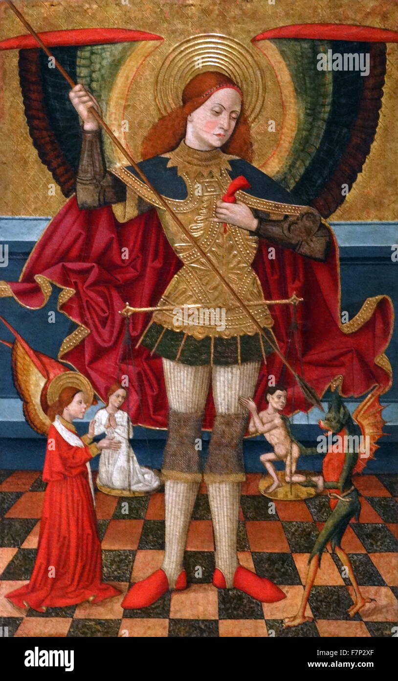 Dipinto raffigurante San Michele pesa le anime da Juan de la Abadía (1470-1498) pittore spagnolo del gotico Spanish-Flemish stile. Datata xv secolo Foto Stock