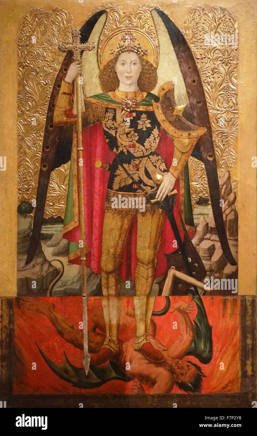 Rilievo in stucco intitolato "L'Arcangelo San Michele" di Jaume Huguet (1412-1492) pittore Catalano. Datata xv secolo. Foto Stock
