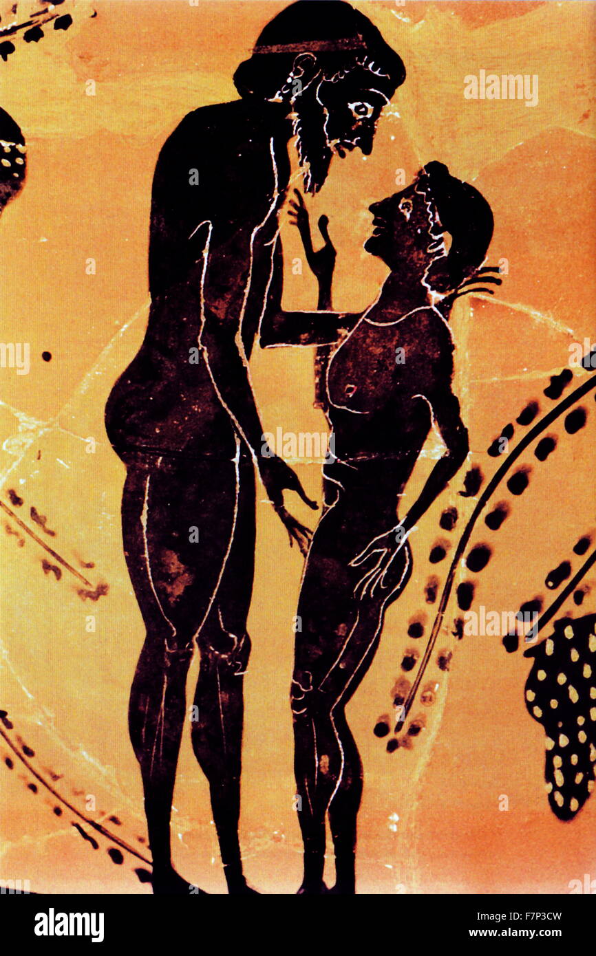 Greco decorazione ceramica (vaso); uomo e Ephebe. Fine del VI secolo A.C. Foto Stock