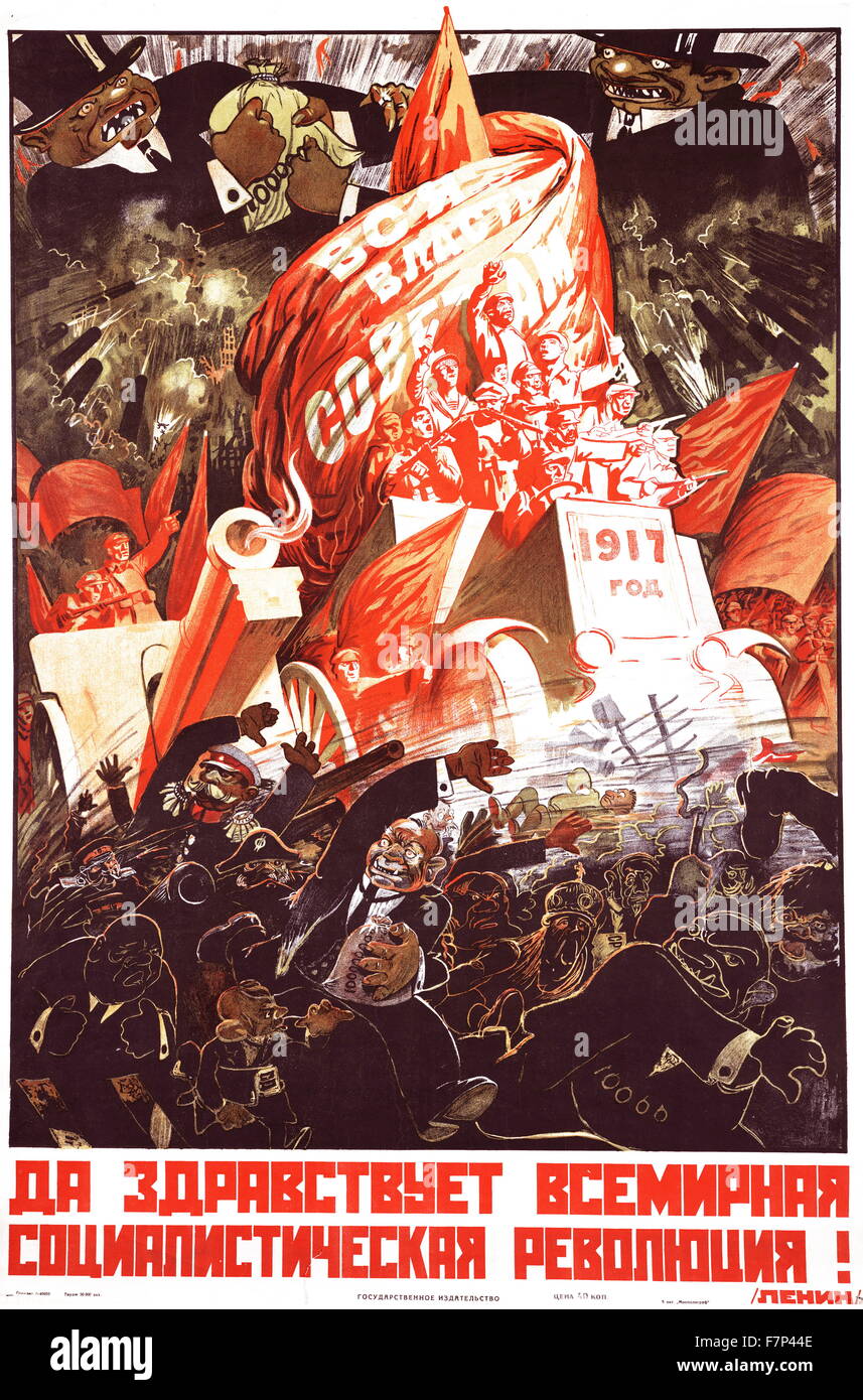 Il russo propaganda sovietica poster la marcatura 1917 rivoluzione che mostra in fuga i banchieri. Datata 1929 Foto Stock