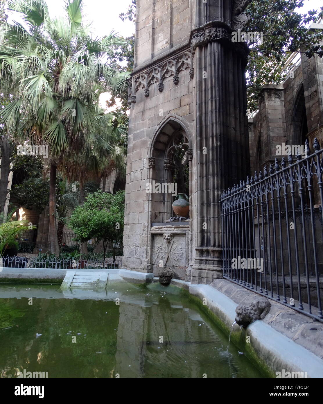 La Cattedrale di Santa Croce e di Santa Eulalia (Catedral de la Santa Creu i Santa Eulàlia, Spagnolo: Catedral de la Santa Cruz y Santa Eulalia), noto anche come la cattedrale di Barcellona. La cattedrale fu costruita a partire dal XIII al XV secolo, con il principale lavoro svolto nel XIV secolo. Il chiostro, che racchiude il bene delle oche (Font de les Oques) è stato completato nel 1448.[2] nel tardo XIX secolo, il neo-gotica facciata fu costruito Foto Stock