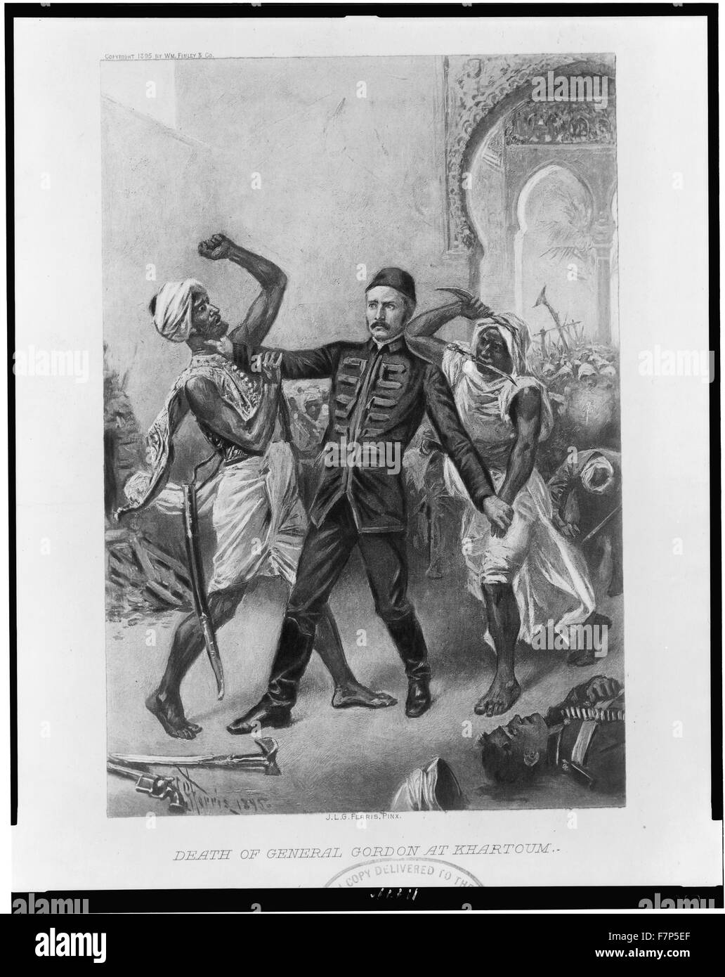 Illustrazione raffigurante la morte del Generale Charles George Gordon, ufficiale dell'esercito britannico e amministratore, a Khartum. Datata 1885 Foto Stock