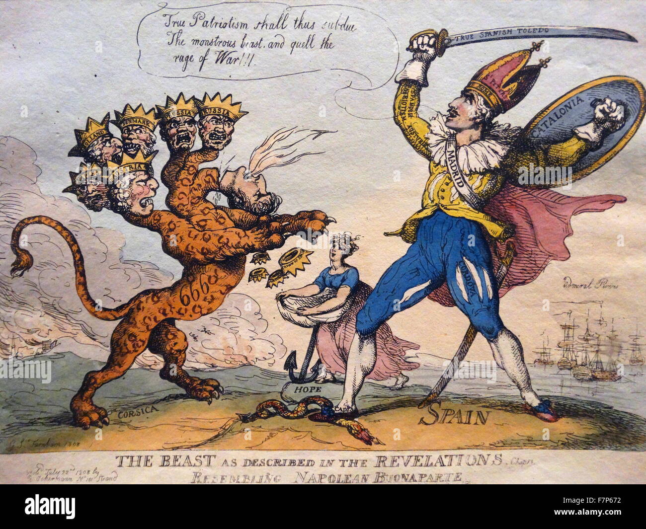 Colorate a mano attacco intitolato "La Bestia come descritto nelle rivelazioni' da Thomas Rowlandson (1757-1827) artista inglese e caricaturista. Datata 1808 Foto Stock