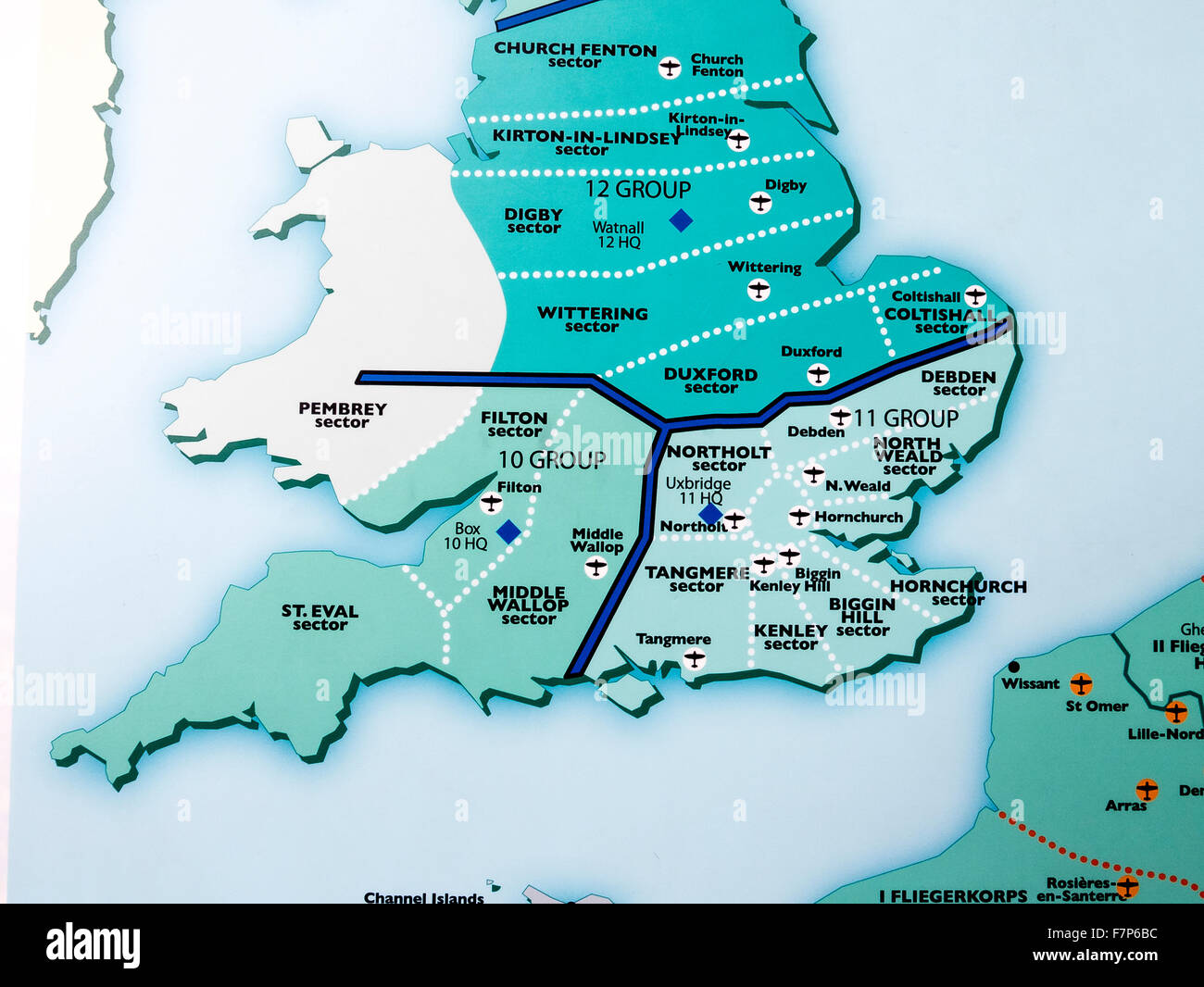 Mappa del Regno Unito che mostra la seconda guerra mondiale la difesa aerea settori e campi di aviazione Foto Stock