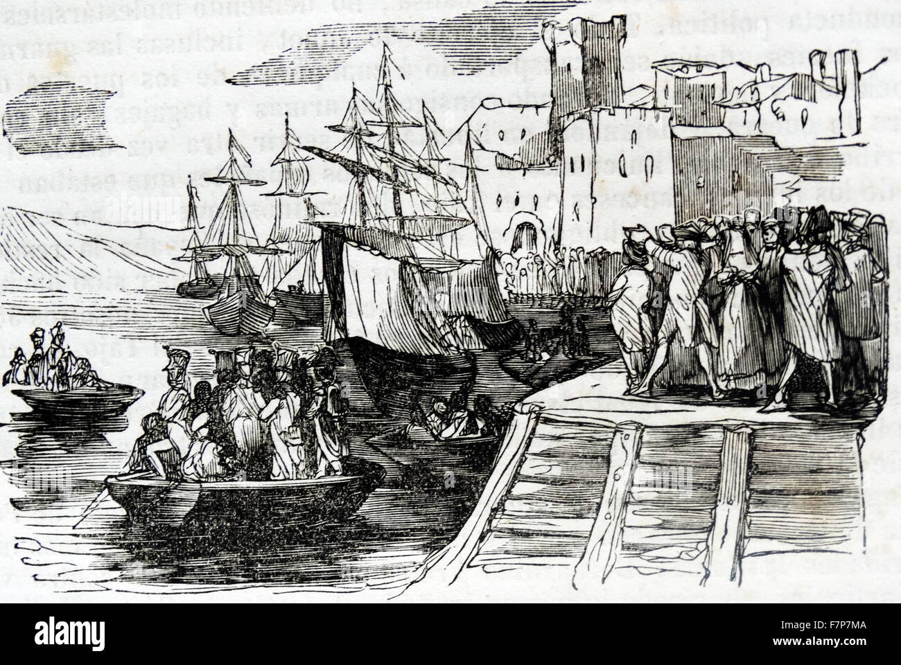 Incisione raffigurante il francese evacuando il Portogallo. Datata 1814 Foto Stock