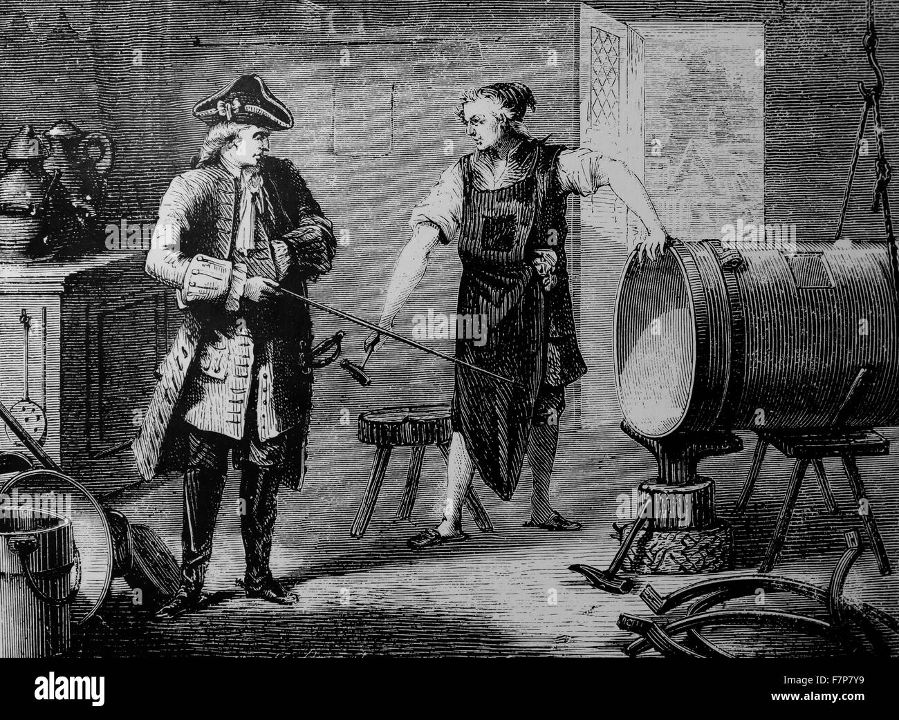 Artista della impressione del Marchese de Jouffroy sorveglia la fabbricazione del cilindro per il suo motore di vapore*da Louis Figuier Les Merveilles de la Science, Parigi, n,d.(c. 1870) Foto Stock