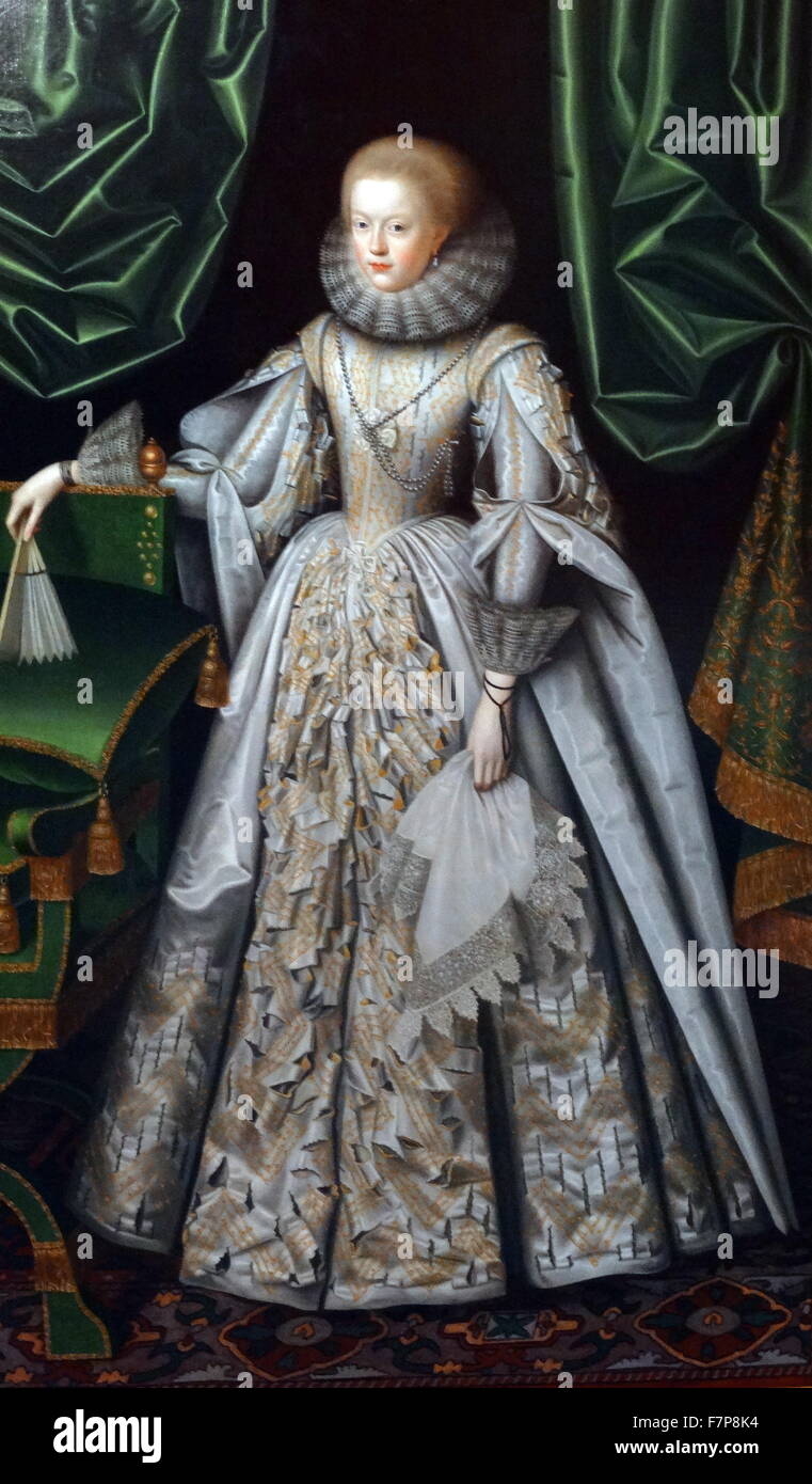 Tudor periodo/periodo di Stuart ritratto di ANNE CECIL, più tardi la contessa di Stamford, circa 1615, attribuito a WILLIAM LARKIN (d.1619) olio su legno Foto Stock