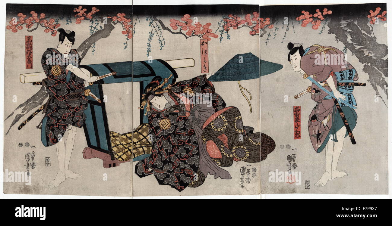 Xilografia a colori di tre attori nei ruoli di Nagoya Sanzaburo, Katsuragi e Fuwa Banzaekon, artista Kuniyoshi Utagawa (1798-1861). Stampa mostra la cortigiana Katsuragi al di fuori di una portantina tra due amanti del rivale e samurai, uno è il marito di Nagoya Sanza ed altri Fuwa Banzaemon. Foto Stock
