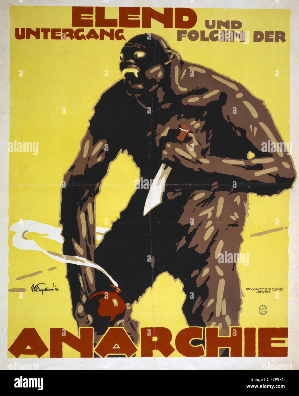 Poster, Litografia a colori, stampa mostra un mostro un anarchico (?), in possesso di un coltello e una bomba. Testo : la miseria e la distruzione segue l'anarchia. L'artista Giulio Ussy Engelhard (1883-1964). Foto Stock