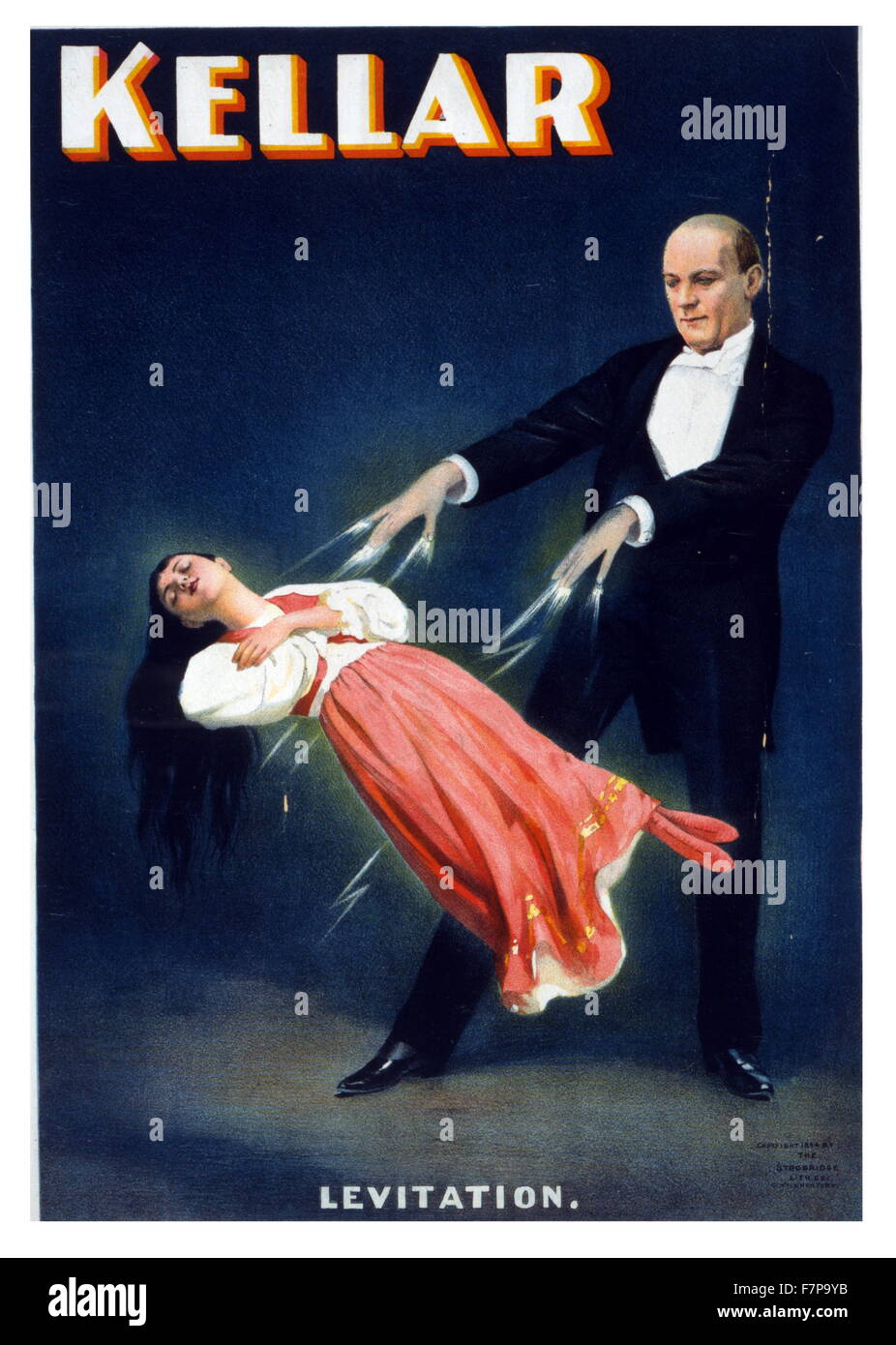 Il poster a colori, litografia, intitolato Kellar. Harry Kellar facendo uno dei suoi più memorabili illusioni dello stadio, la levitazione di una ragazza. Foto Stock