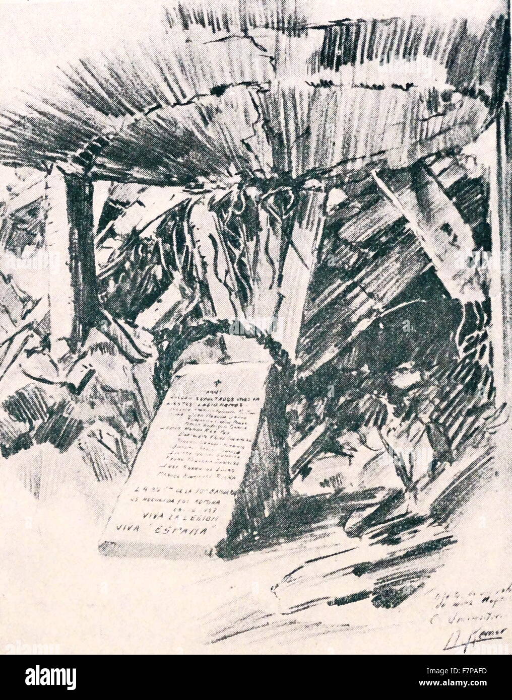 Memorial presso l'Ospedale Clinico distrutto da una shell nell'assedio di Madrid 1938. Disegnata da Kemer, durante la Guerra Civile Spagnola Foto Stock