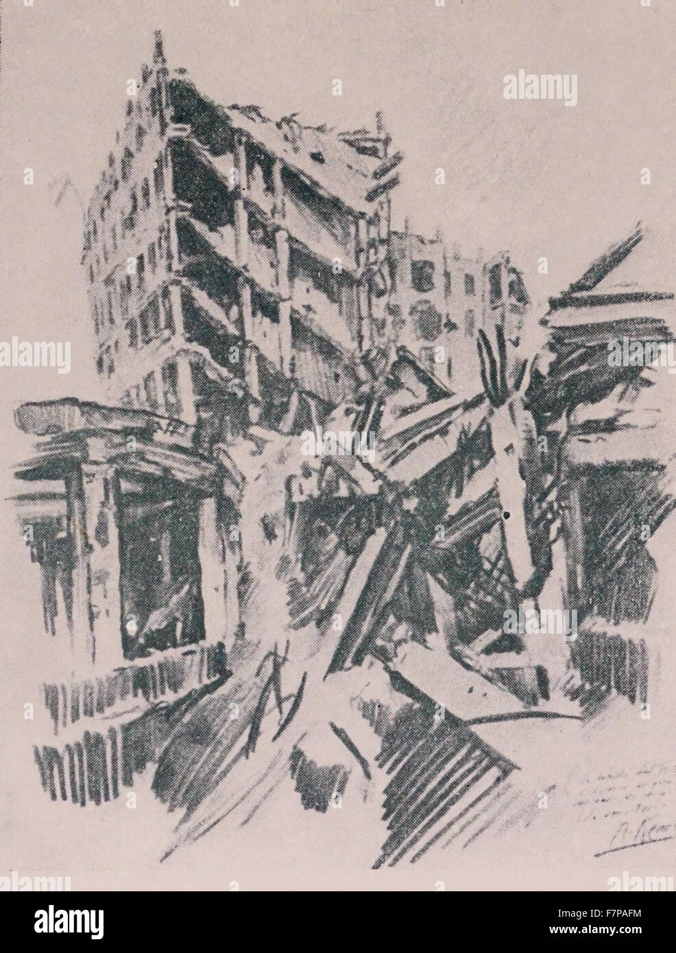 Resti di Ospedale Clinico distrutto da una shell nell'assedio di Madrid 1938. Disegnata da Kemer, durante la Guerra Civile Spagnola Foto Stock