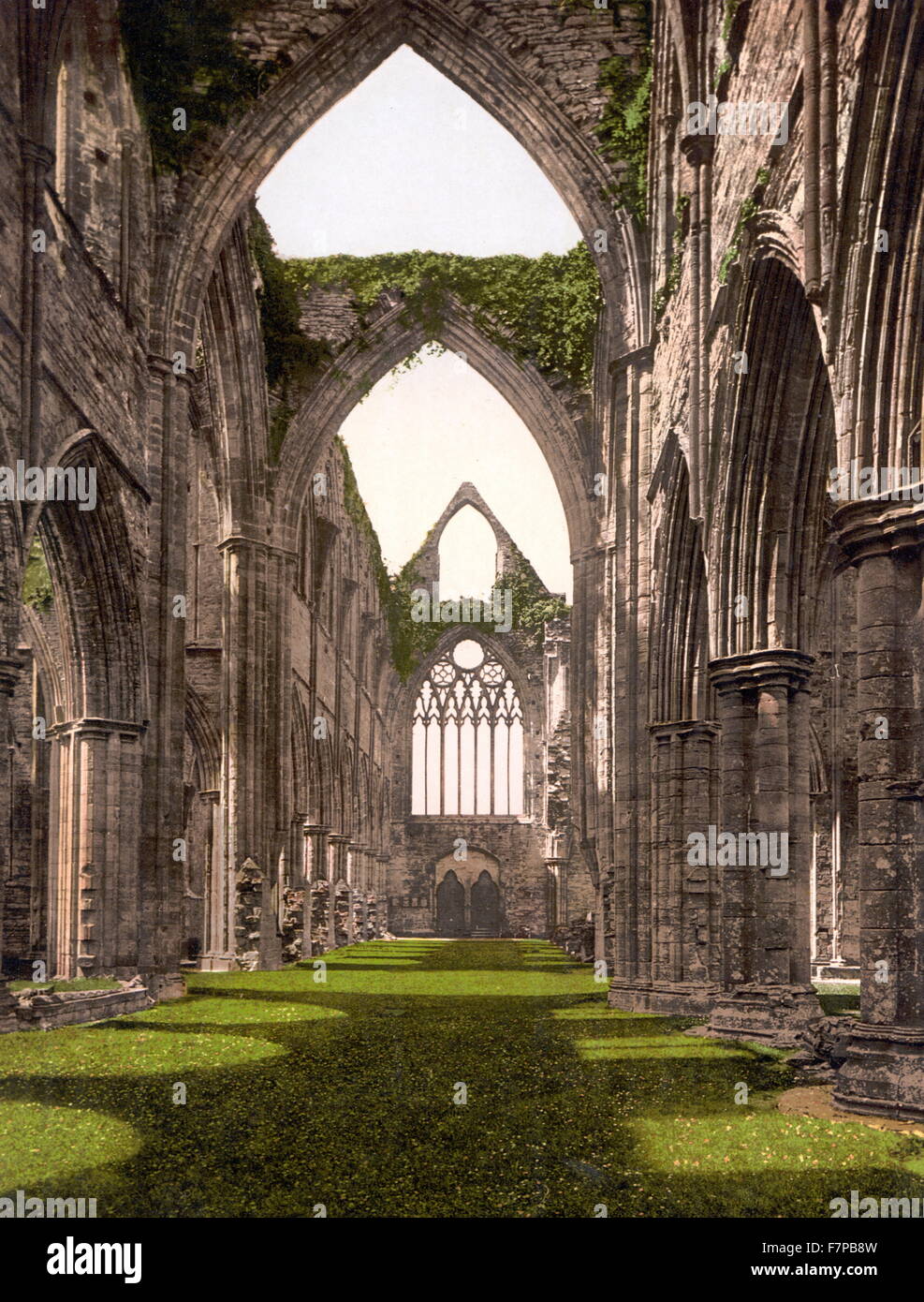 Tintern Abbey (gallese: Abaty Tyndyrn) è stata fondata da Walter de Clare, signore di Chepstow il 9 maggio 1131, Tintern, Inghilterra. Esso è situato nel villaggio di Tintern nel Monmouthshire, sul Welsh banca del fiume Wye. Foto Stock