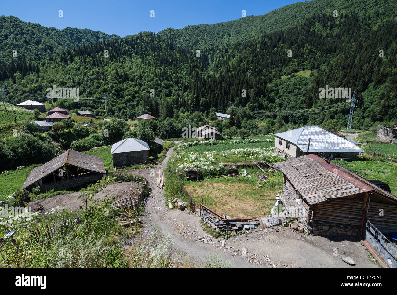 Villaggio Lalkhori accanto alla strada che da Mestia a Ushguli villaggi nella comunità superiore regione Svanetia, Georgia Foto Stock