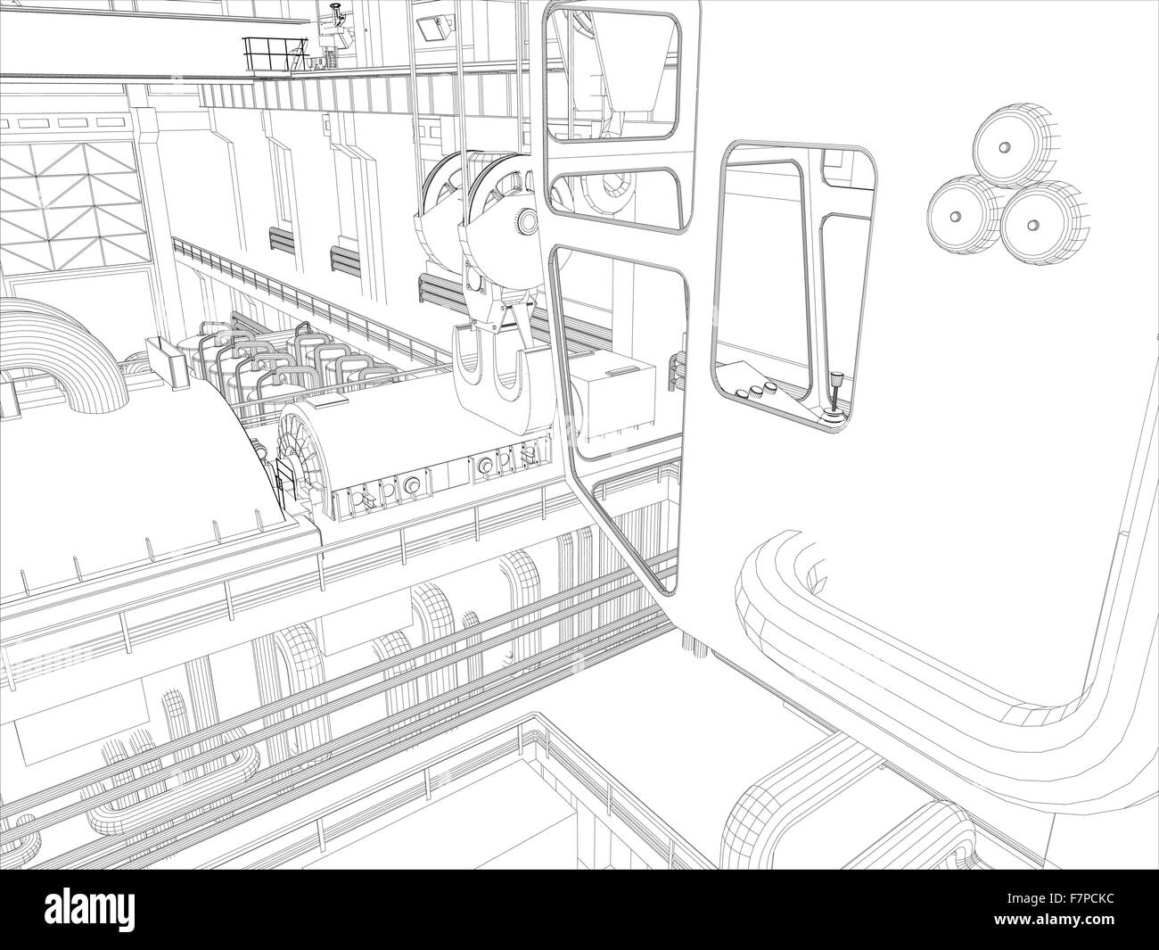 Gantry Crane in un ambiente di fabbrica. Filo-telaio Illustrazione Vettoriale