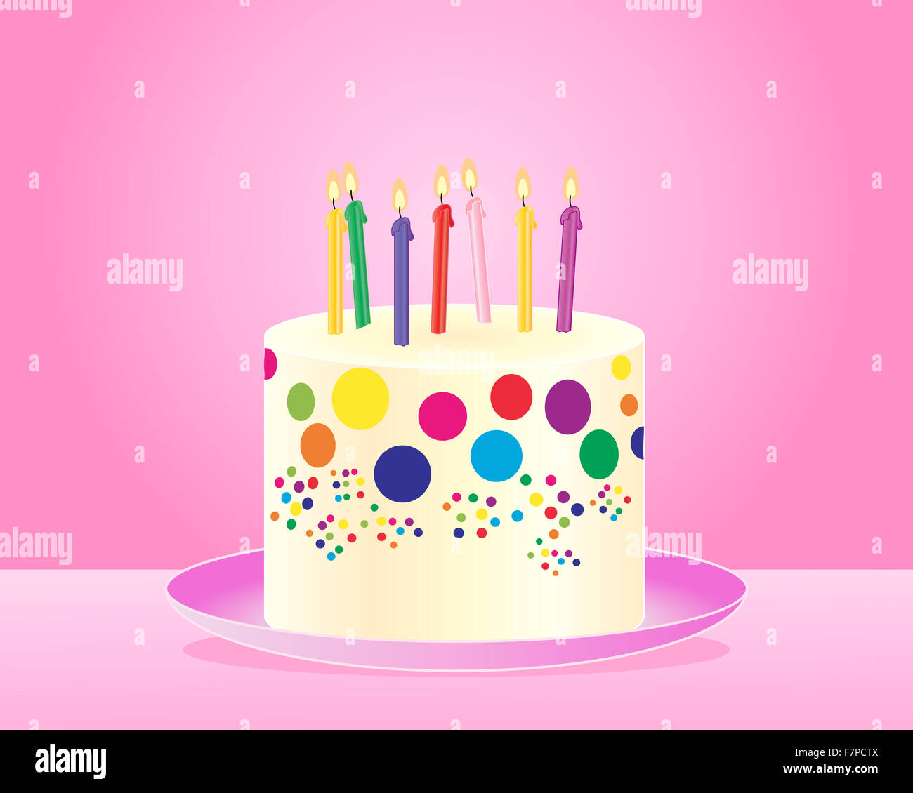 Una illustrazione di un classico colorato torta di compleanno con candele e con glassa di crema su una piastra di rosa e lo sfondo Foto Stock