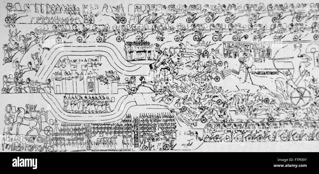 La battaglia di Kadesh (Qadesh) tra l'Impero Egiziano sotto Ramesse II e l'Hittita Impero sotto Muwatalli II presso la città di Kadesh sul fiume Oronte, vicino alla moderna frontiera Syrian-Lebanese datata al 1274 BC. Era il carro più grande battaglia mai combattuta, che coinvolgono forse 5.000-6.000 carri Foto Stock