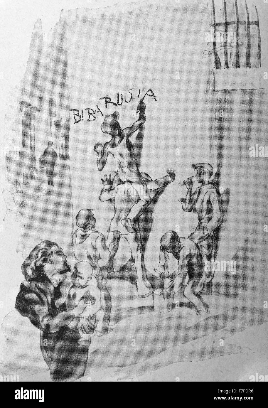 Guerra civile spagnola illustrazione dei repubblicani comunista slogan di pittura su una parete. 1936 Foto Stock