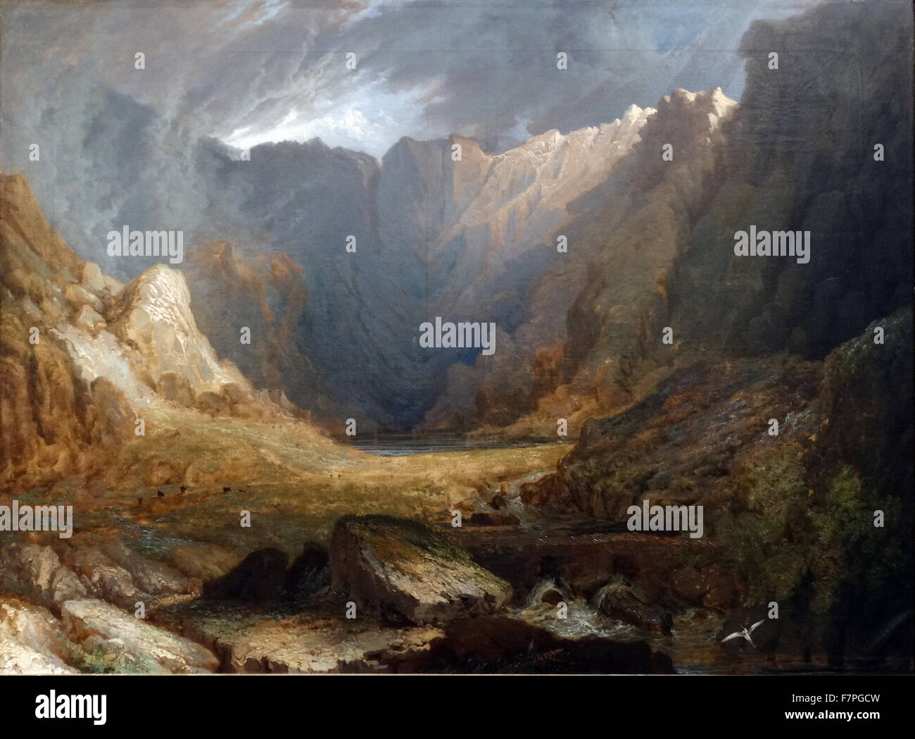 Pittura intitolata 'Llyn Idwal, il Galles del Nord' da Samuele linee (1778-1863) designer inglese, pittore e insegnante di arte, e uno dei primi membri della Scuola di Birmingham di paesaggio pittori. Datata 1820 Foto Stock