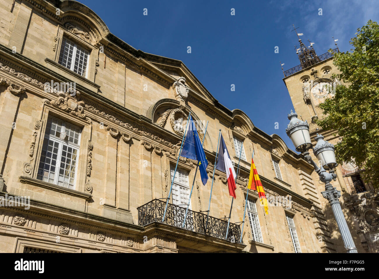 Town Hall Hotel de Ville, Clock Tower, Aix-en-Provence, Bouche du Rhone, Provenza, Francia Foto Stock