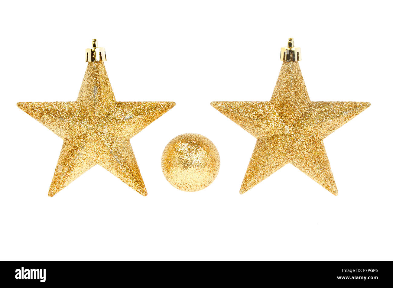 Decorazione di natale, due gold glitter stelle e una pallina isolata contro bianco Foto Stock