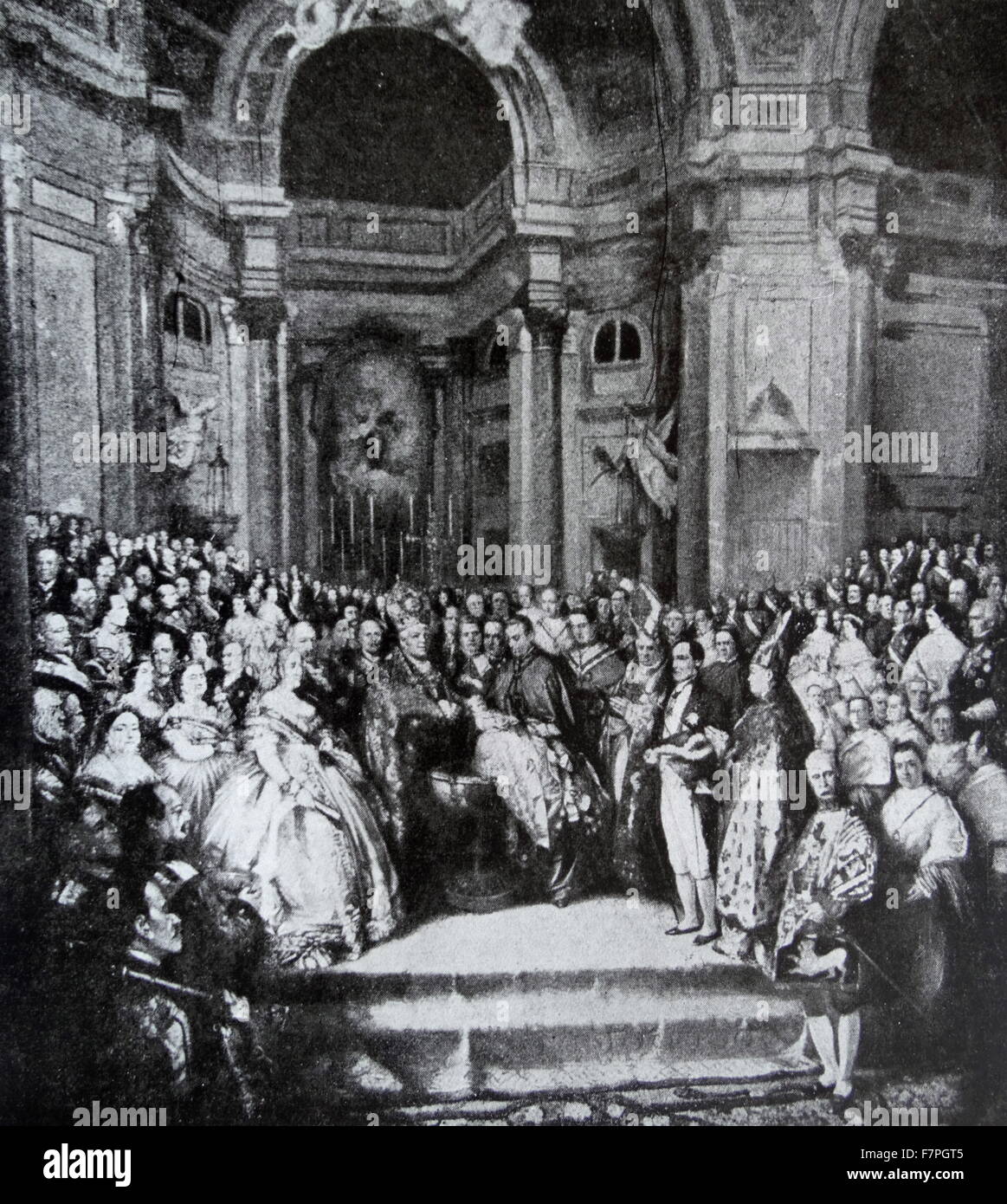 Incisione raffigurante il battesimo di re Alfonso XII di Spagna (1857-1885). Datata del XIX secolo Foto Stock
