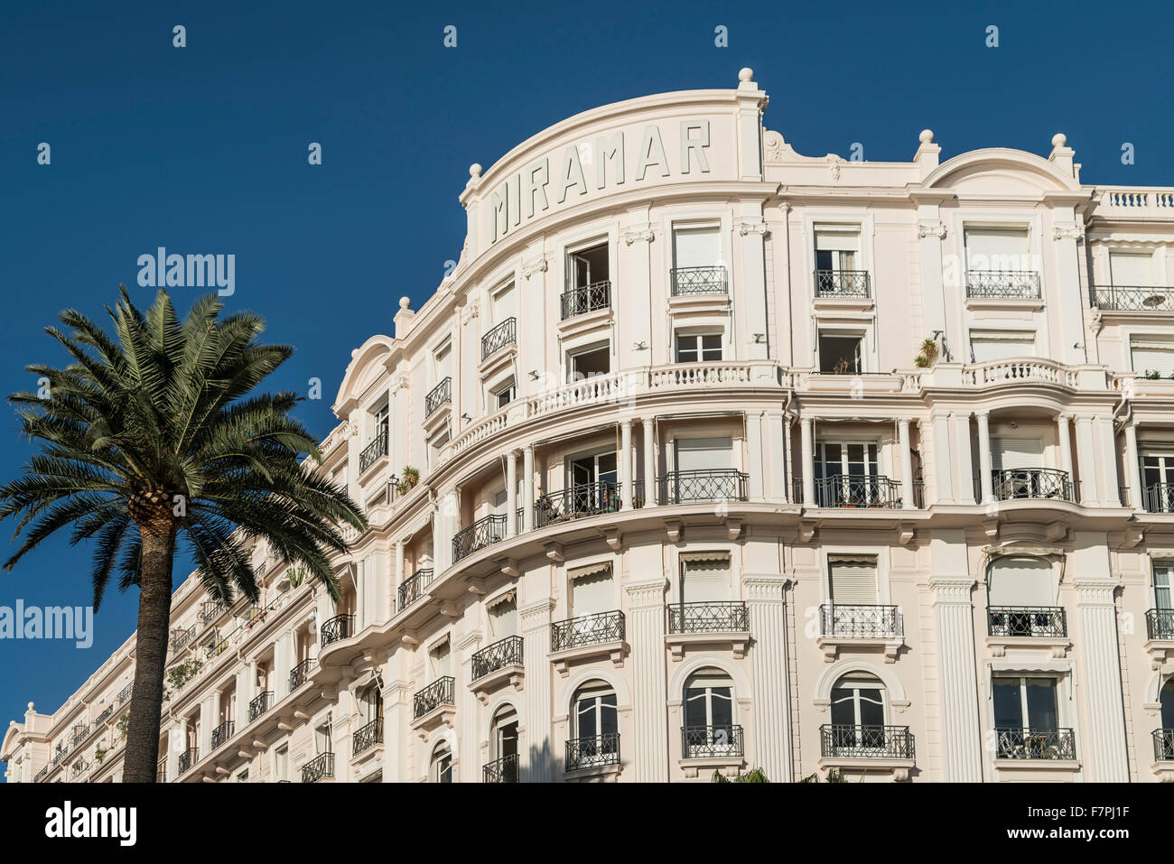 Hotel Mirarmar, facciata, Palm tree, Cannes, Cote d'Azur, in Francia, Foto Stock