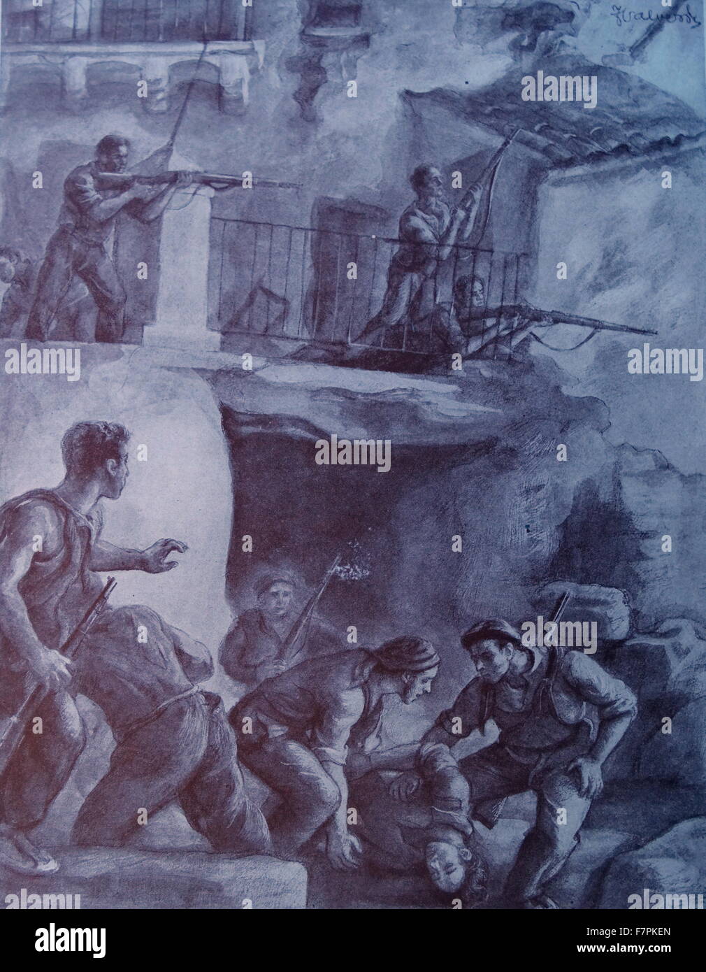 Illustrazione di propaganda che mostra street i combattimenti durante la Guerra Civile Spagnola. Datata 1936 Foto Stock