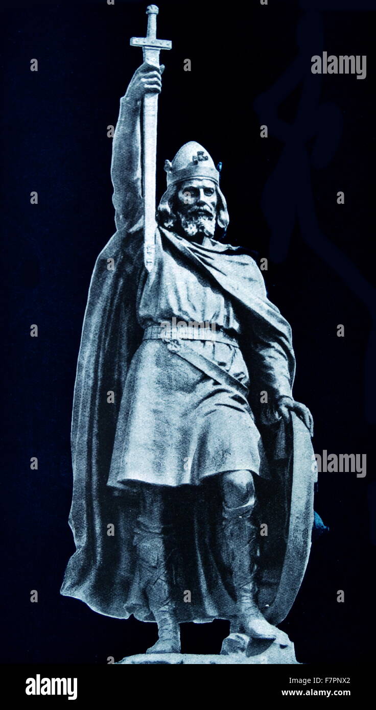 Antica stampa della statua di Re Alfredo il Grande (849-899) Alfred ha difeso con successo il suo regno contro il Viking tentativo di conquista e al momento della sua morte era diventato il righello dominante in Inghilterra. Datata 1915 Foto Stock