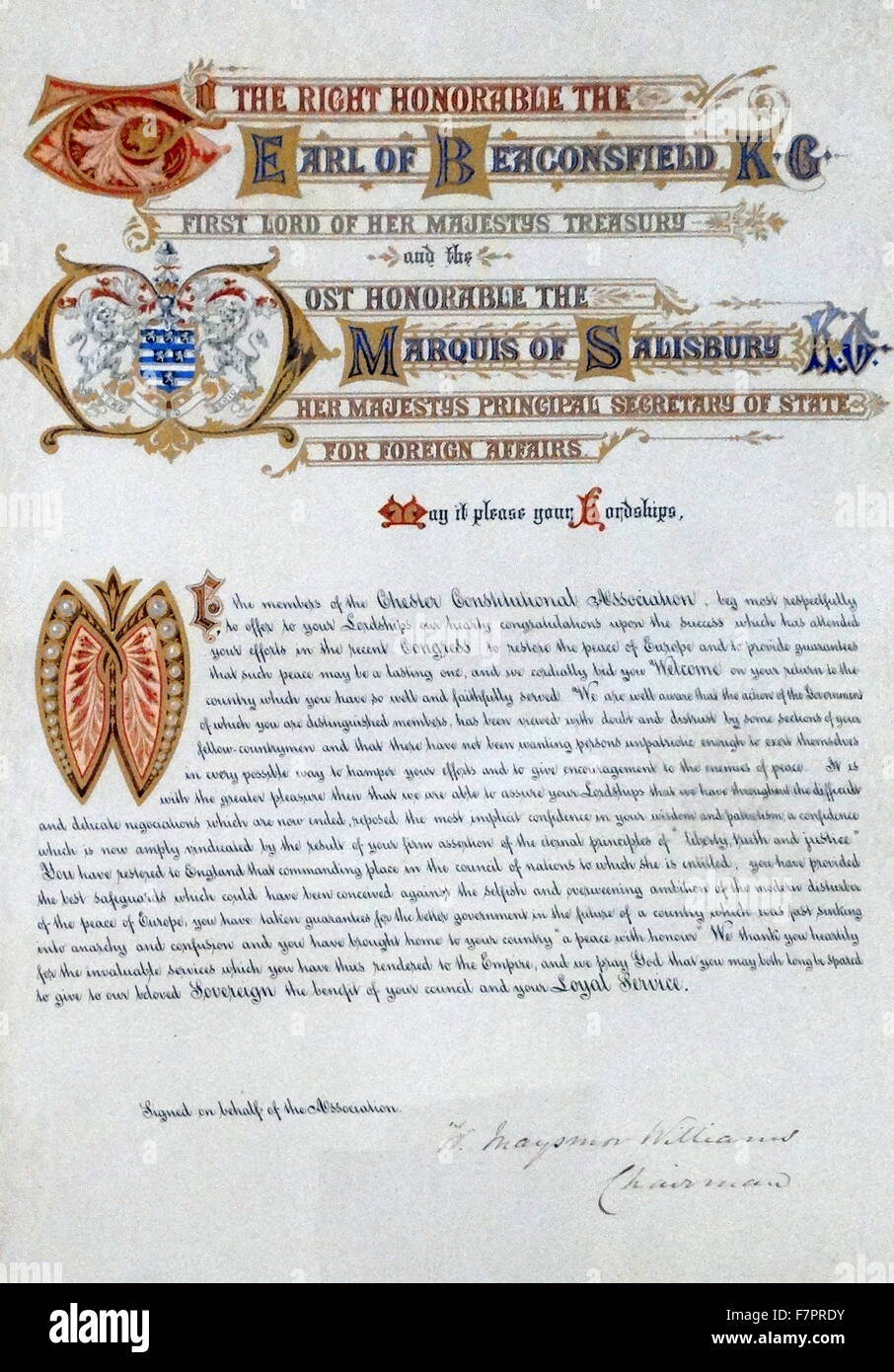 Messaggio di congratulazioni nel manoscritto modulo inviato a Benjamin Disraeli e signore di Salisbury, dopo il congresso di Berlino (13 giugno - 13 luglio 1878). Il Congresso è stato un incontro dei rappresentanti delle grandi potenze del tempo (Russia, Gran Bretagna, Francia, Austria-Ungheria, Italia e Germania),[1] Quattro Stati balcanici (Grecia, Serbia, Romania e Montenegro) e l'Impero Ottomano, mirando a determinare i territori degli stati della penisola balcanica dopo la guerra Russo-Turkish del 1877-78. Foto Stock