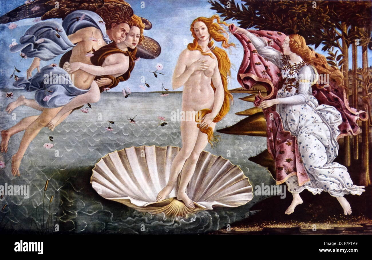 La Nascita di Venere di Sandro Botticelli;pittore italiano, circa 1445 - 1510. Egli apparteneva al primo rinascimento, scuola fiorentina sotto il patronato di Lorenzo de' Medici. La Nascita di Venere (Nascita di Venere) da Sandro Botticelli generalmente ritenuto sono stati dipinti a metà 1480s. Esso raffigura la dea Venere, avente emerse dal mare come una donna adulta, arrivando a riva. Foto Stock