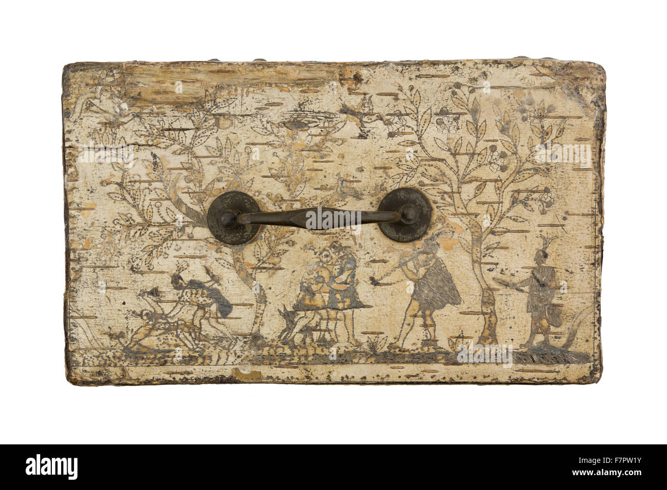 La parte superiore di una corteccia di betulla box, ricamato con capelli alci, fatta dai nativi americani, c. 1800. La casella decorazione raffigura scene contemporanea di entrambi i coloni europei e i popoli indigeni dell'America. Foto Stock