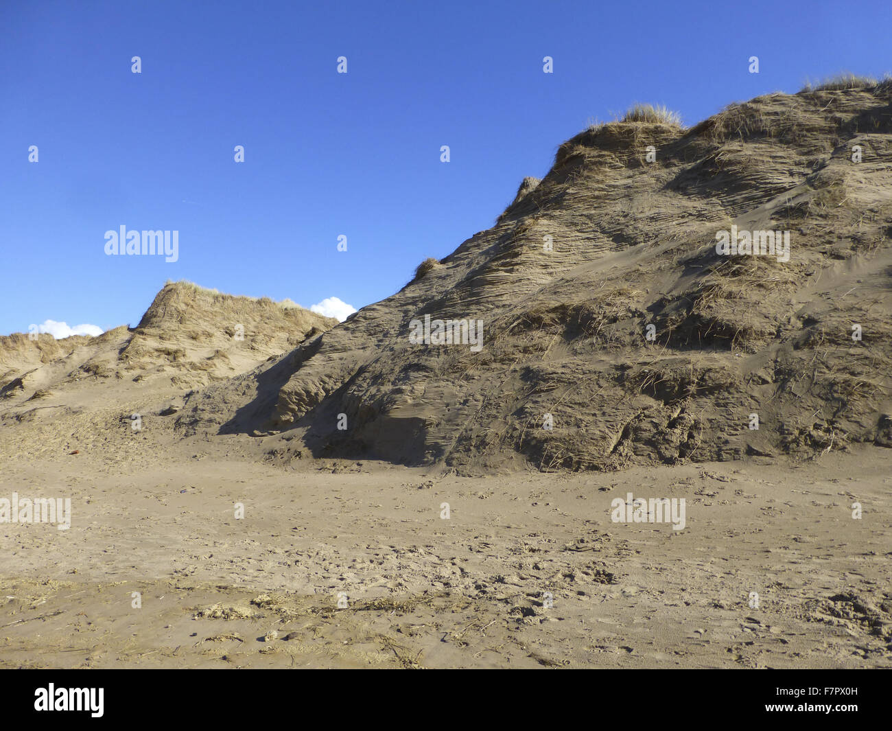 Una vista delle dune di sabbia a Formby, Liverpool, raffigurata qui in marzo 2014. La rapida erosione costiera si è verificata a Formby durante l'inverno del 2013/2014, come un risultato di condizioni meteorologiche estreme e mareggiate. Foto Stock