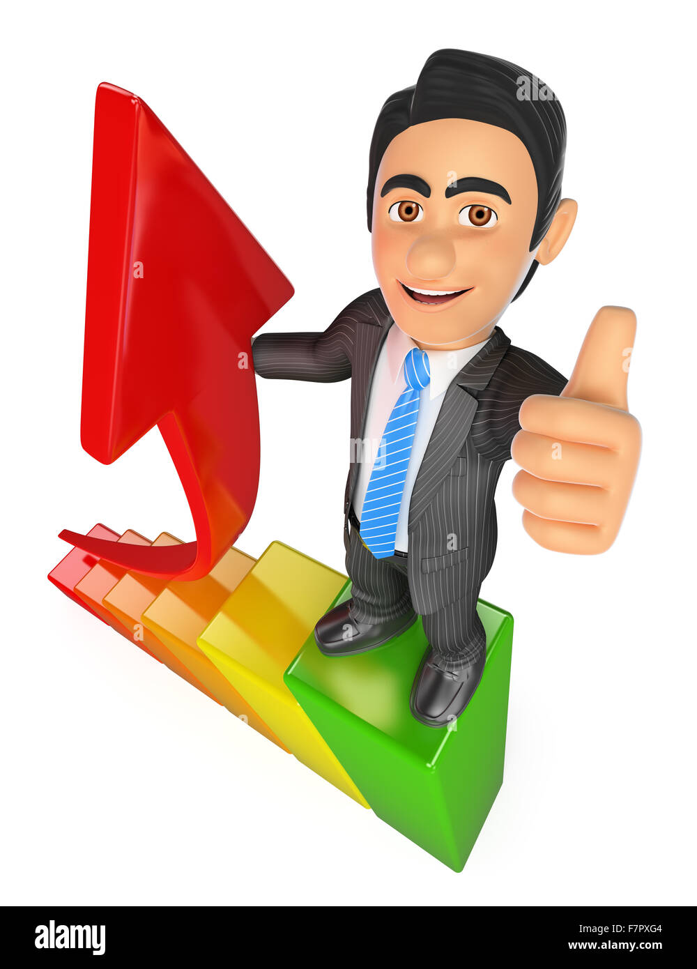 3d la gente di affari. imprenditore della parte superiore di un grafico a barre. crescita metafora isolati a sfondo bianco. Foto Stock
