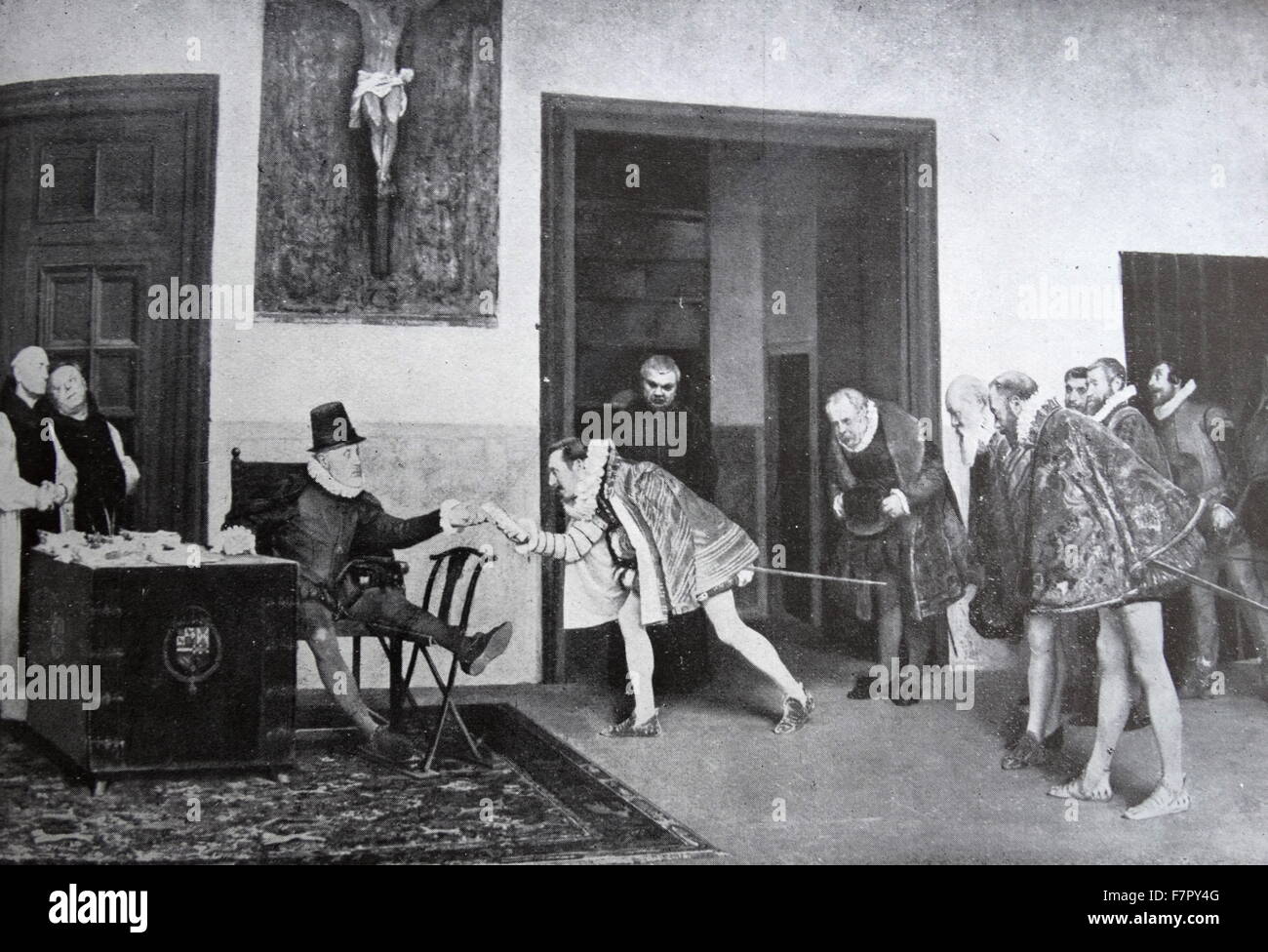 Il re Filippo II (Felipe II) della Spagna, riceve gli ambasciatori delle Fiandre, prima della sua invasione dei Paesi Bassi (ottanta anni di guerra o di guerra olandese di indipendenza 1568-1648). Foto Stock