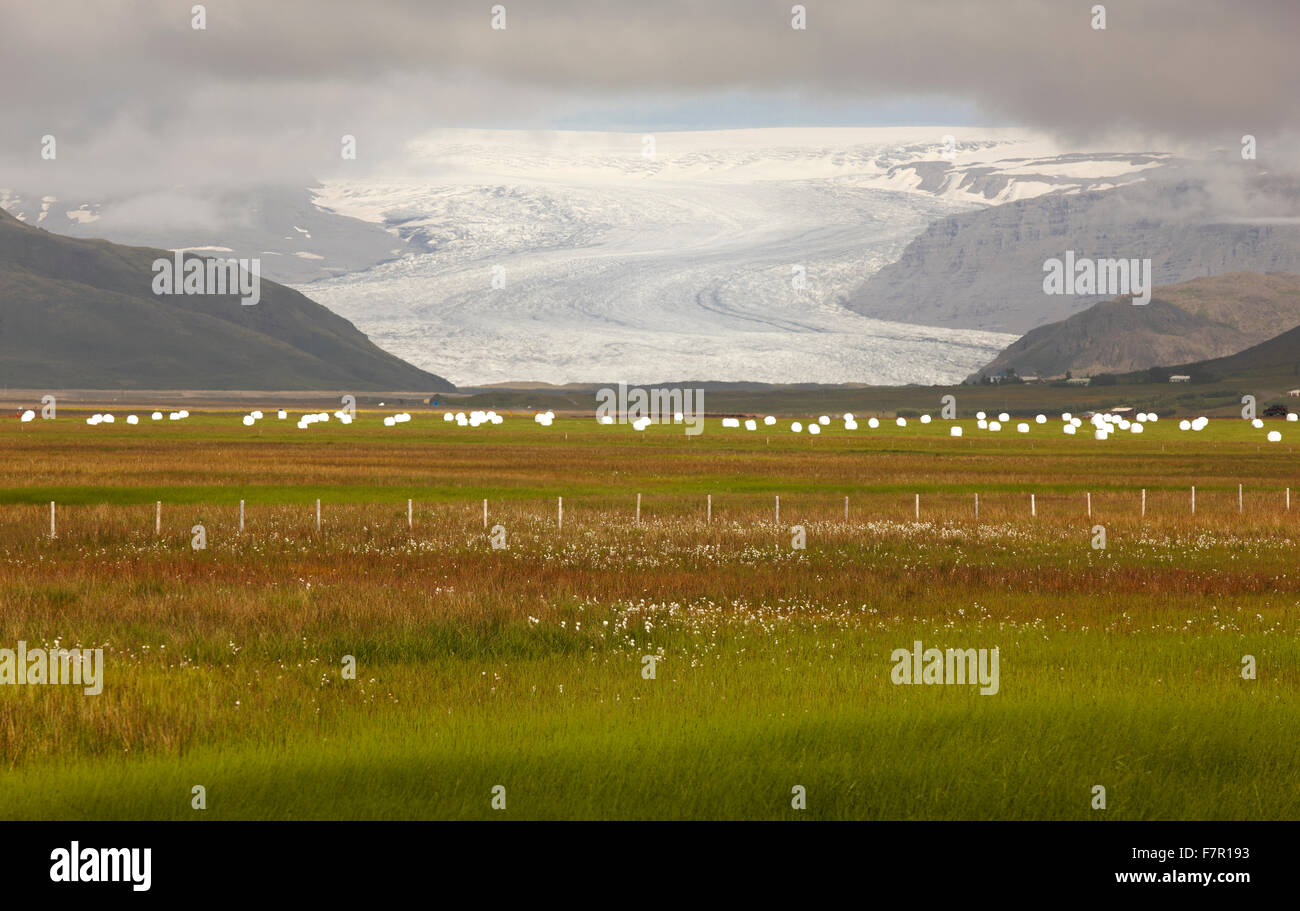 Pianura formata dal ghiacciaio Flaajokul e campo in Islanda Foto Stock