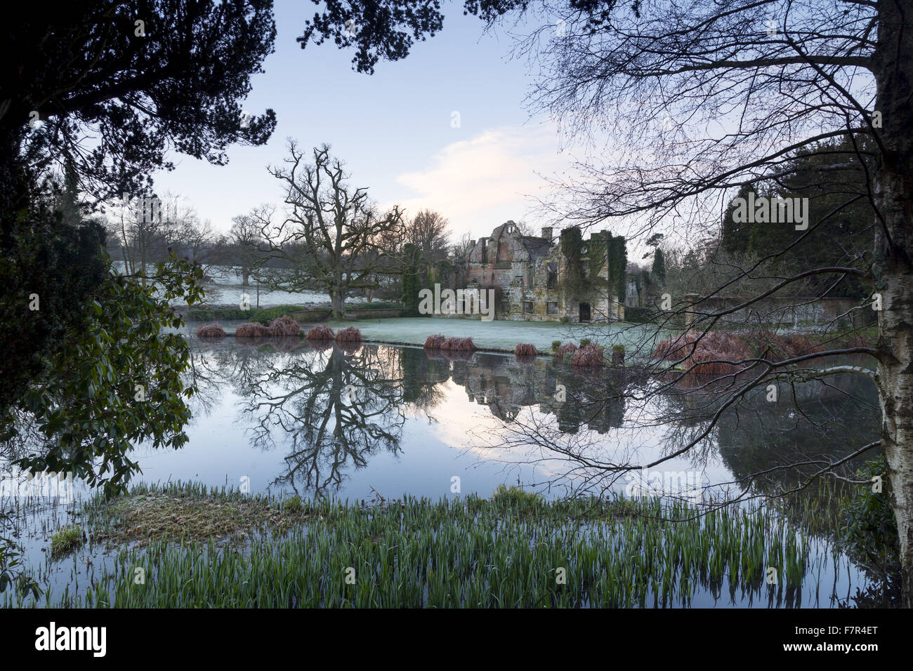 Una giornata invernale e a Scotney Castle, Kent. Scotney dispone di un palazzo del XIV secolo moated il castello, un edificio vittoriano e un romantico giardino. Foto Stock