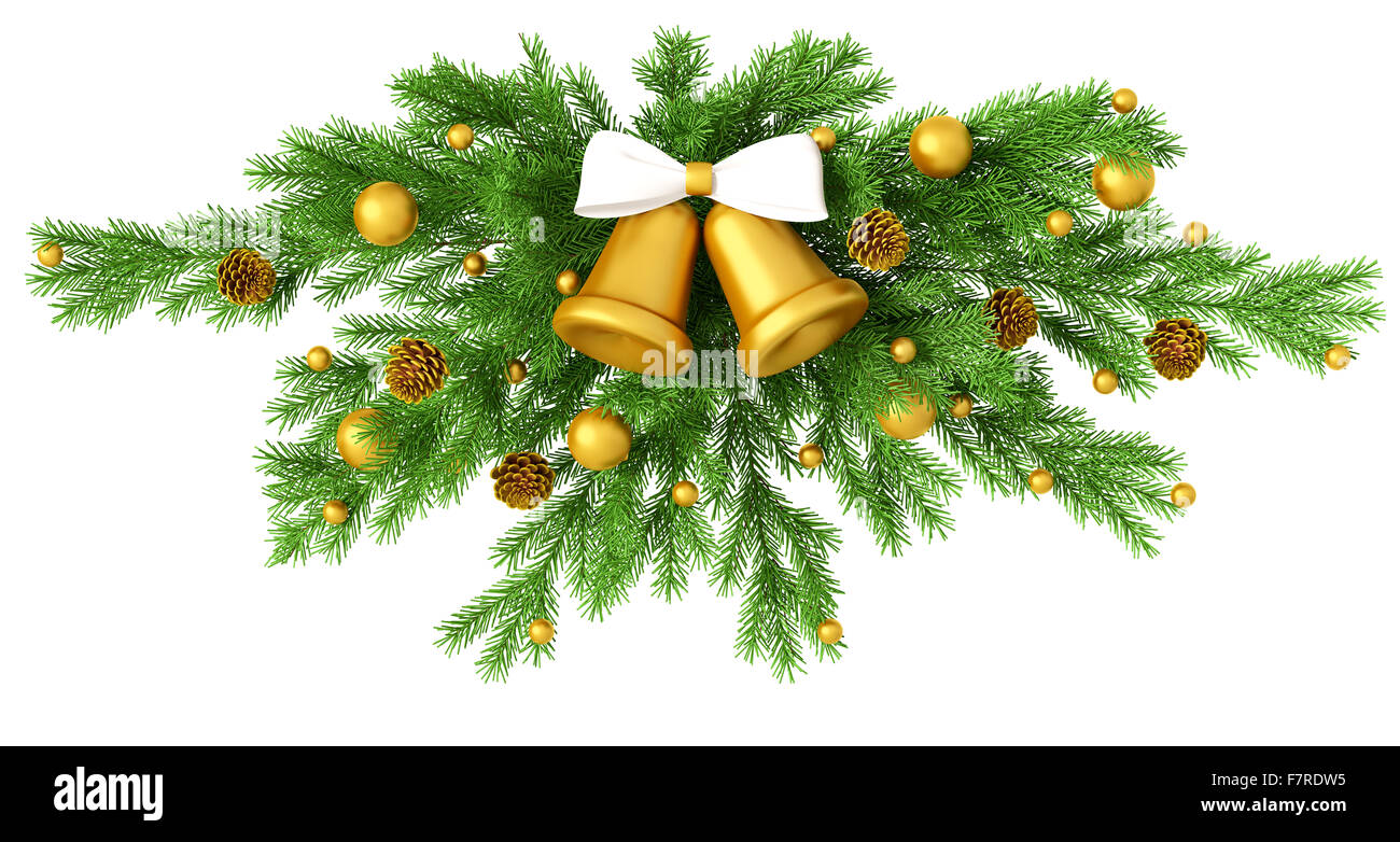 Decorazione di natale con campanelli d'oro e bianco isolato di prua rendering 3D Foto Stock